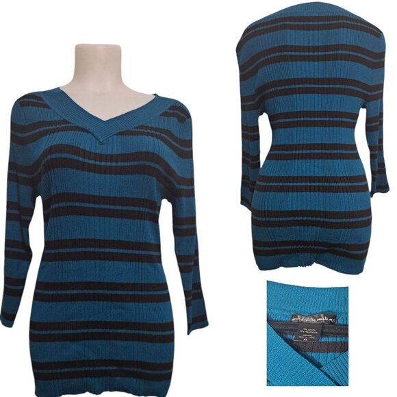 United States Sweaters XL V-Neck Pullover Turquoise Blue Black Striped Stretch - Picture 1 of 16